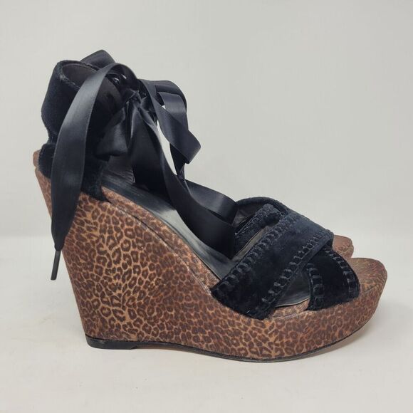 Stuart Weitzman Sandals Womens 9 Cheetah Print Wedge Platform Velvet Ankle Ties - Picture 2 of 10